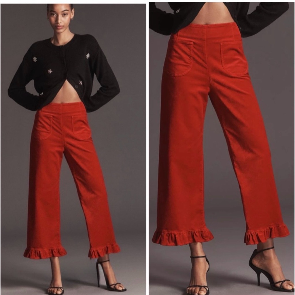 Anthropologie The Colette Crop Velvet Ruffle-Hem Pants By Maeve Red Pants Sz 33